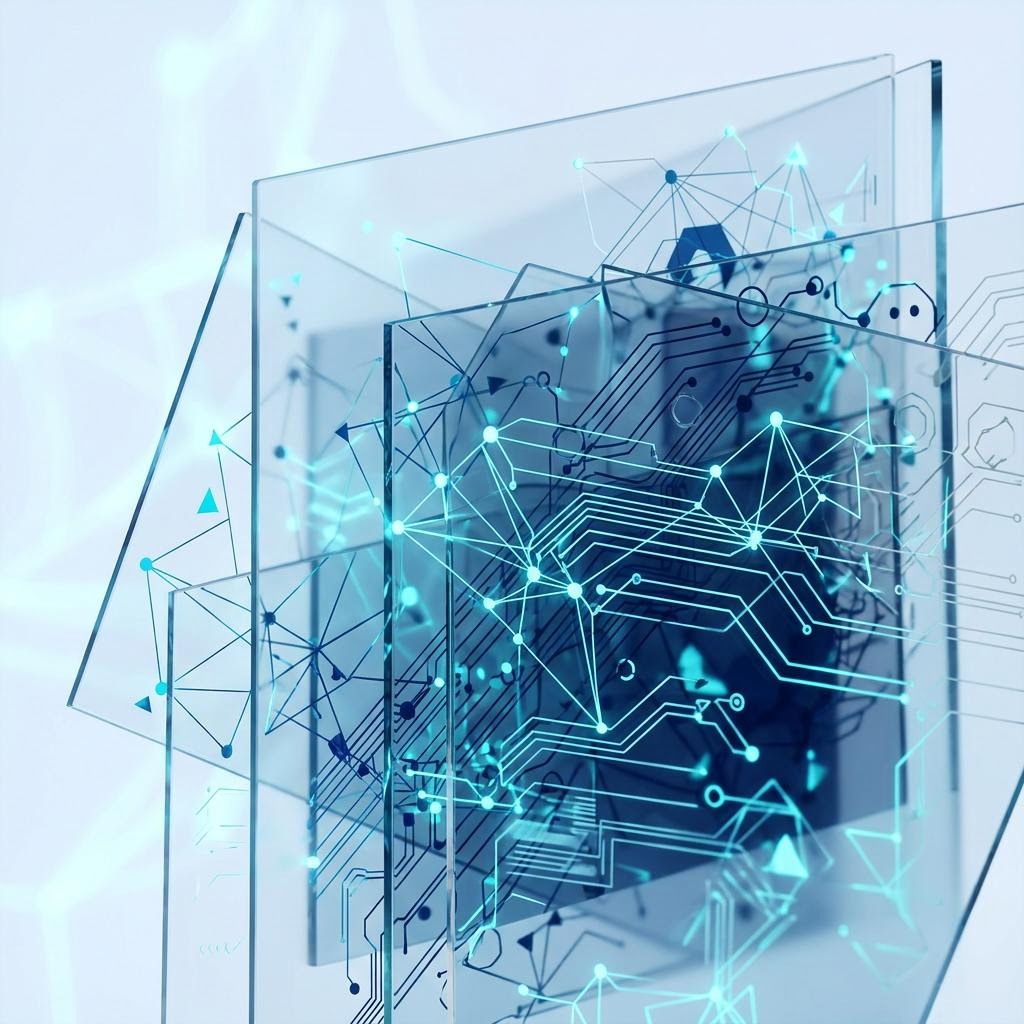 Abstract layered technical interface panels with node graphs