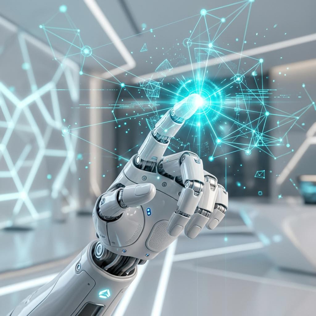Robotic hand touching a glowing network of nodes
