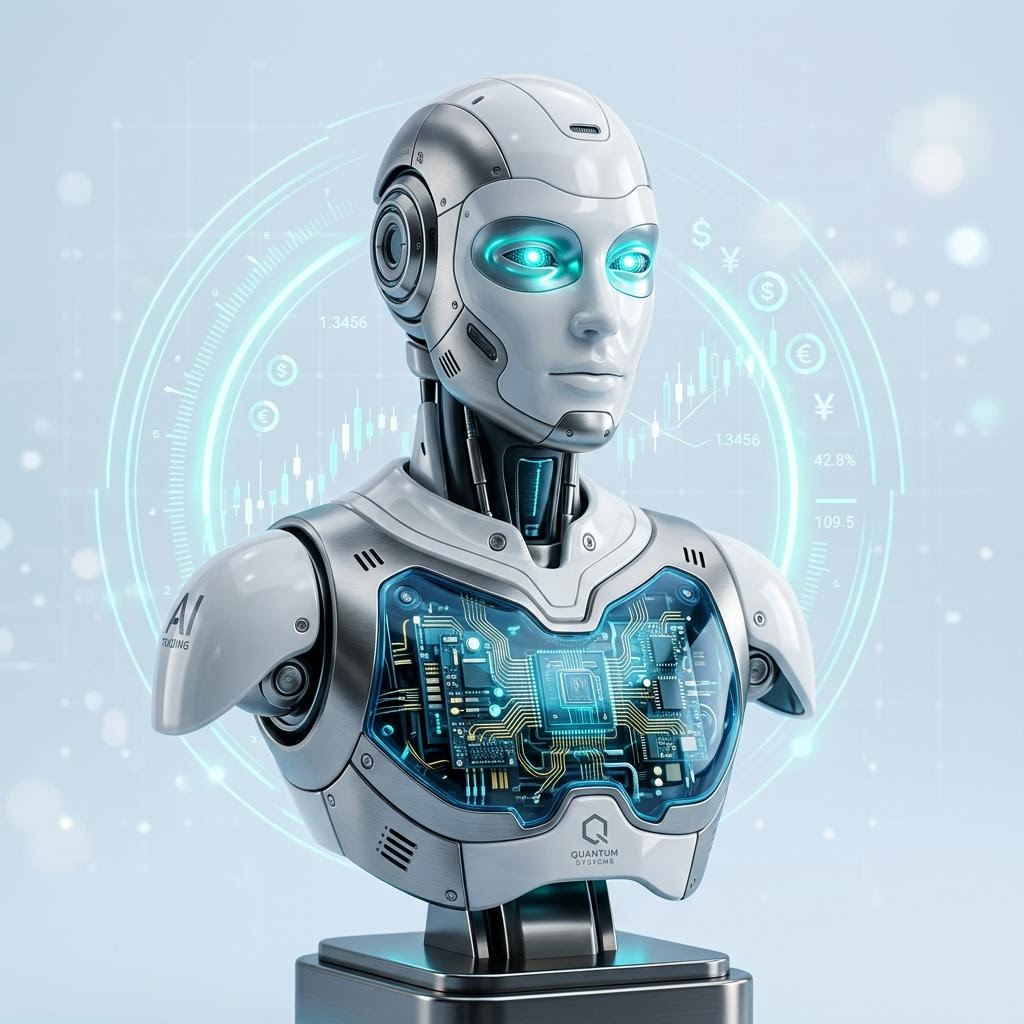 Rendered white AI trading robot with glowing cyan eyes and holographic rings
